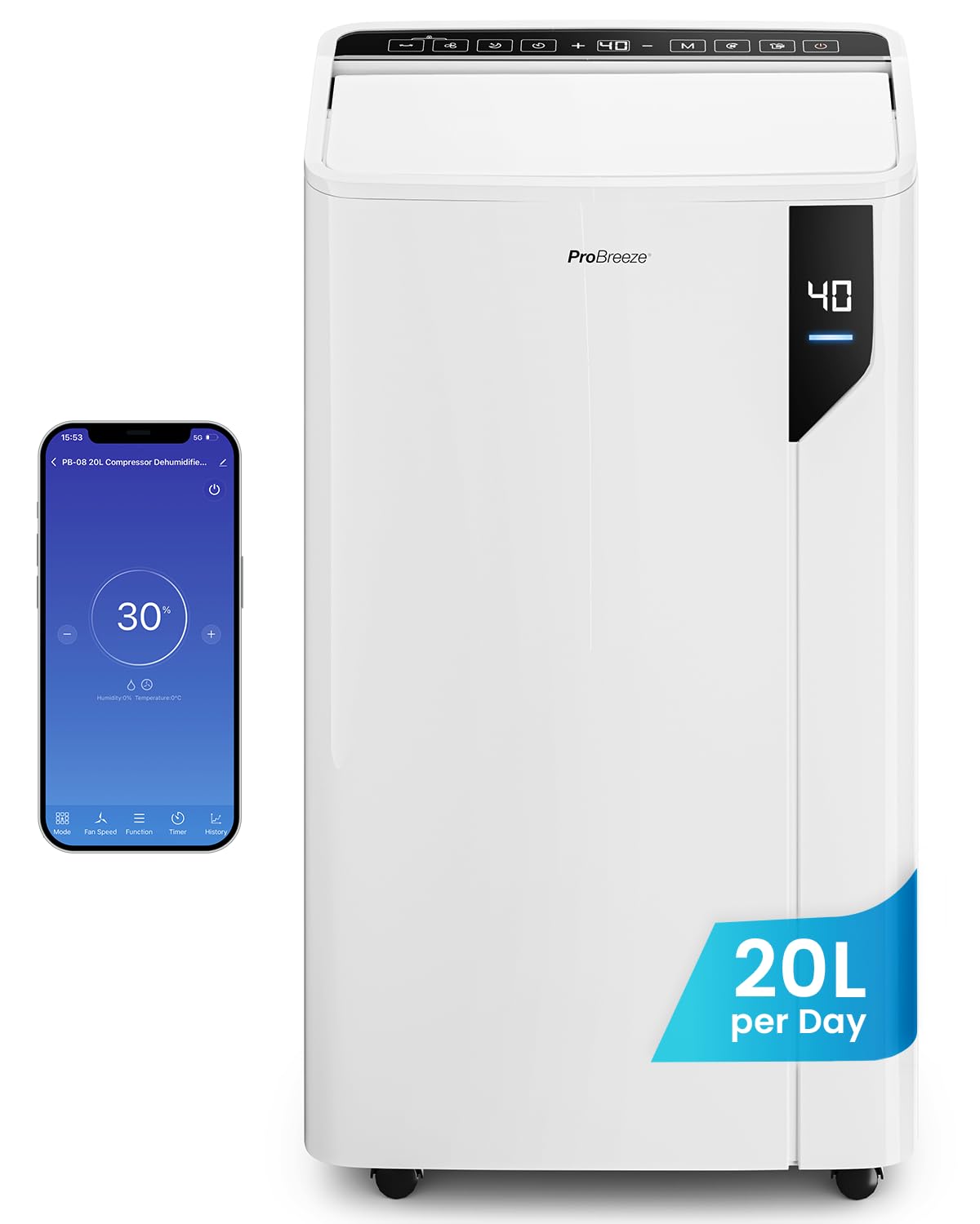 Pro Breeze OmniDry Luftentfeuchter mit App & WLAN, 20L in 24h Entfeuchtungsleistung - Luftentfeuchter elektrisch mit Wäschemodus, Feuchtigkeitssensor, Timer - Gegen Schimmel - Entfeuchter Dehumidifier