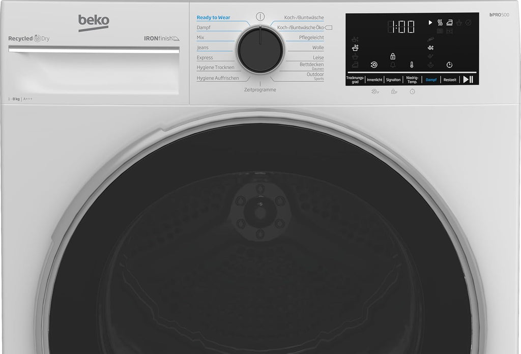 Beko B5T4824IF Wäschetrockner 8 kg, Frontlader Wärmepumpentrockner, Allergikergeeignet, 15 Programme, Dampffunktion, Knitterschutz, Sensortrocknung, Silent-Programm, Aquawave Schontrommel, Weiß