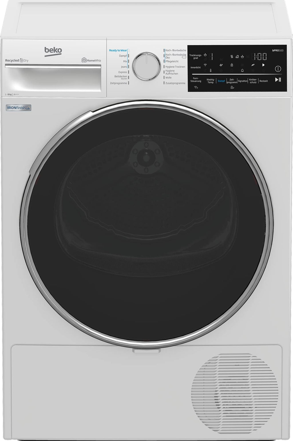 Beko B5T4824IF Wäschetrockner 8 kg, Frontlader Wärmepumpentrockner, Allergikergeeignet, 15 Programme, Dampffunktion, Knitterschutz, Sensortrocknung, Silent-Programm, Aquawave Schontrommel, Weiß