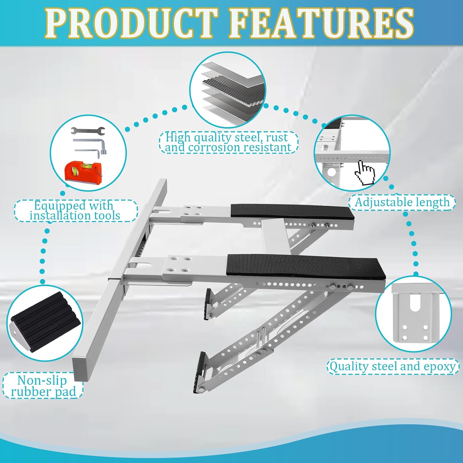 Air Conditioning Bracket No Drilling Adjustable Universal Window Bracket Single/Double Window Bracket Heavy Duty Steel Holds Up to 200lbs for 5000-24000 BTU Units