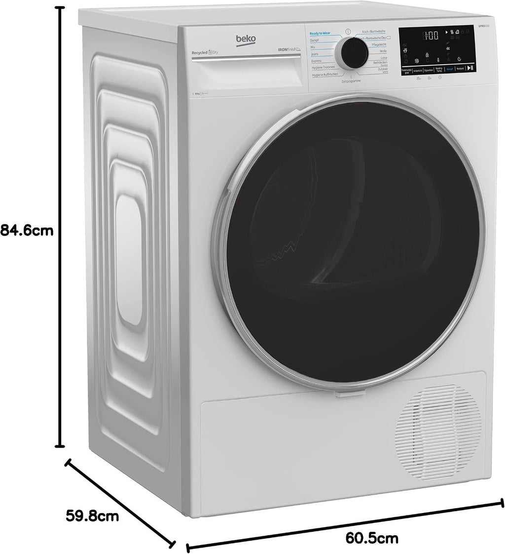 Beko B5T4824IF Wäschetrockner 8 kg, Frontlader Wärmepumpentrockner, Allergikergeeignet, 15 Programme, Dampffunktion, Knitterschutz, Sensortrocknung, Silent-Programm, Aquawave Schontrommel, Weiß